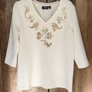 Onque Casuals Cream and Gold Sequined Embellished Blouse